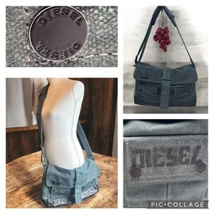 Vintage Diesel Y2K Distressed Army Green Cotton Canvas Bag Adj. Strap Crossbody